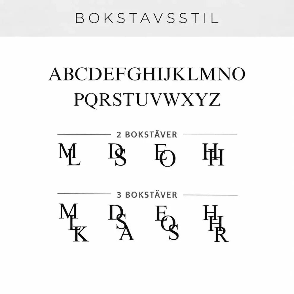 Bokstavsstil: alfabetet samt exempel på monogram med två och tre bokstäver